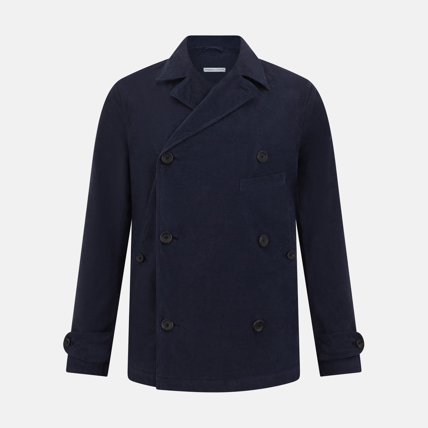 View 1 of product The Turnbull & Asser Light Navy Kingston Corduroy Caban Jacket features a double-breasted stretch cotton corduroy design with black buttons, notched collar, and long buttoned cuffs, displayed on a plain white background.