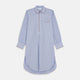 The Blue and Navy Halo Stripe Cotton Sussex Nightshirt by Turnbull & Asser features long sleeves, a collar, button-down front, chest pocket, curved hem, and brown piping for a classic luxury sleepwear style.