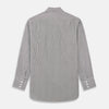 View 5 of product The Turnbull & Asser Black Candy Stripe Cotton Regular Fit Mayfair Shirt features long sleeves, a T&A collar, white buttons, and thin black stripes, displayed on a plain white background.