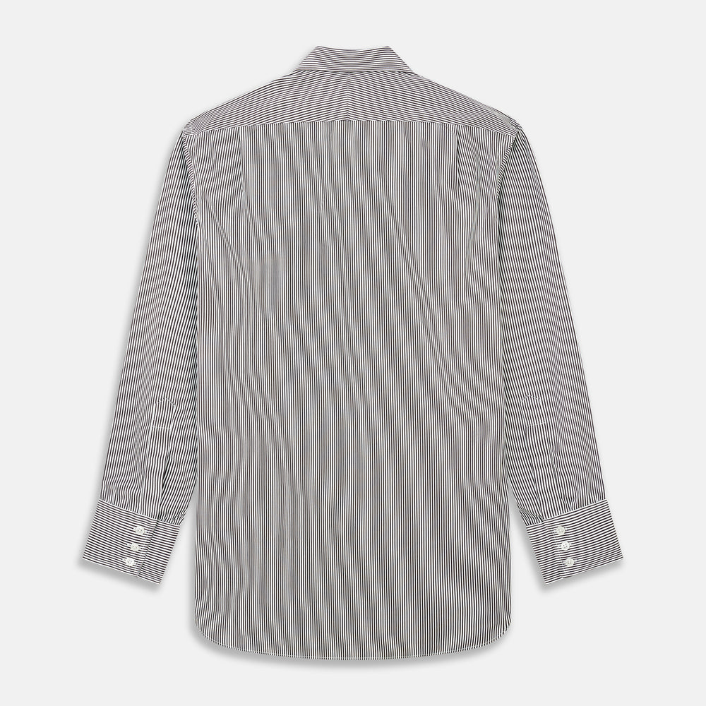The Turnbull & Asser Black Candy Stripe Cotton Regular Fit Mayfair Shirt features long sleeves, a T&A collar, white buttons, and thin black stripes, displayed on a plain white background.