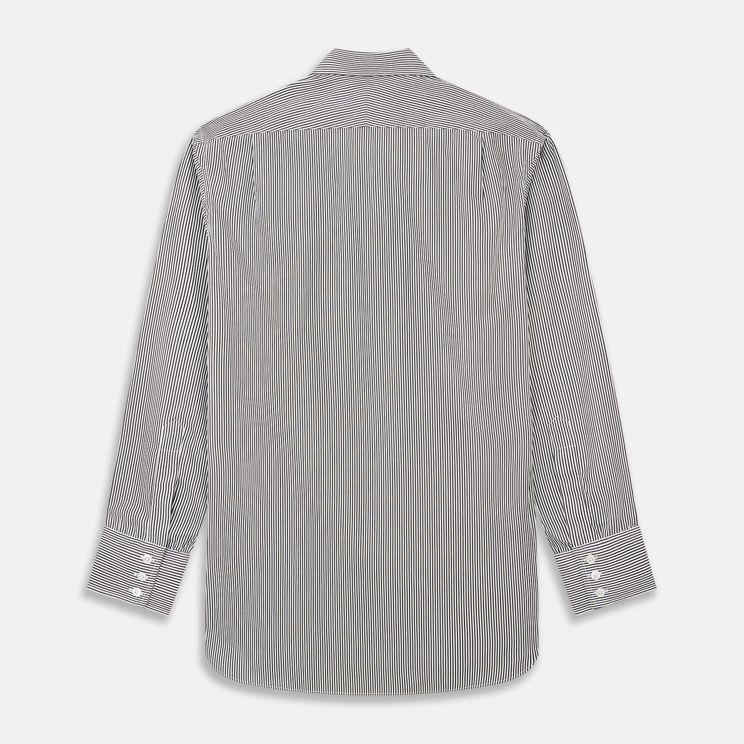 View 5 of product The Turnbull & Asser Black Candy Stripe Cotton Regular Fit Mayfair Shirt features long sleeves, a T&A collar, white buttons, and thin black stripes, displayed on a plain white background.