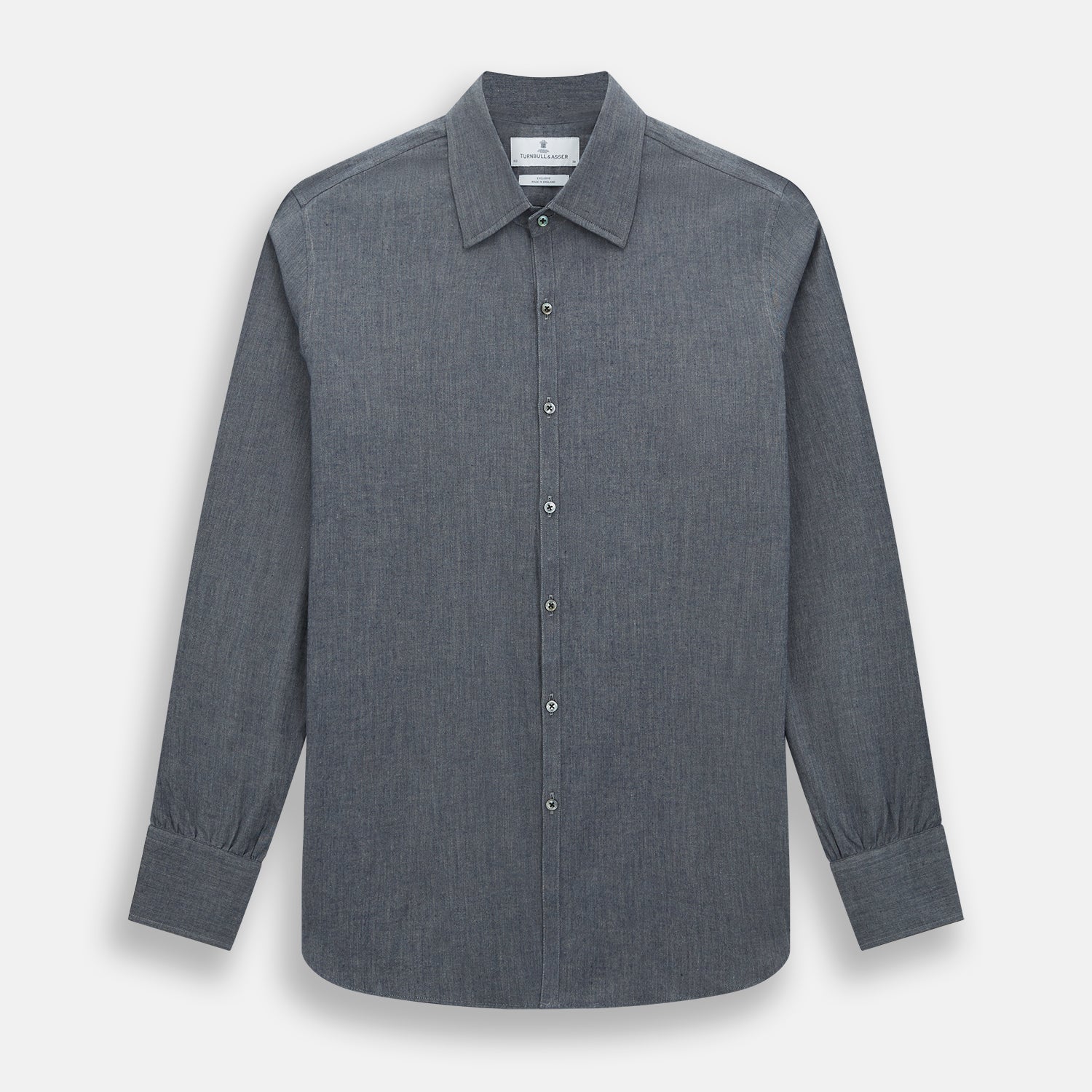 View 1 of product The Turnbull & Asser Azzurro Westminster Shirt in dark grey features long sleeves, a classic collar, buttoned cuffs, and a straight hem, showcased against a white background, highlighting refined British craftsmanship.