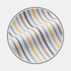 View 1 of product A close-up of Turnbull & Asser's Yellow Multi Stripe Cotton Fabric, featuring diagonal light blue, yellow, beige, and gray stripes on white. Shown in a circular frame, the fabric displays gentle waves and subtle texture.