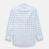 View 3 of product The Turnbull & Asser Colony Blue Grid Check Mayfair Shirt features long sleeves, a button-down front, Italian cotton fabric, a spread collar, and buttoned cuffs, shown against a plain white background.