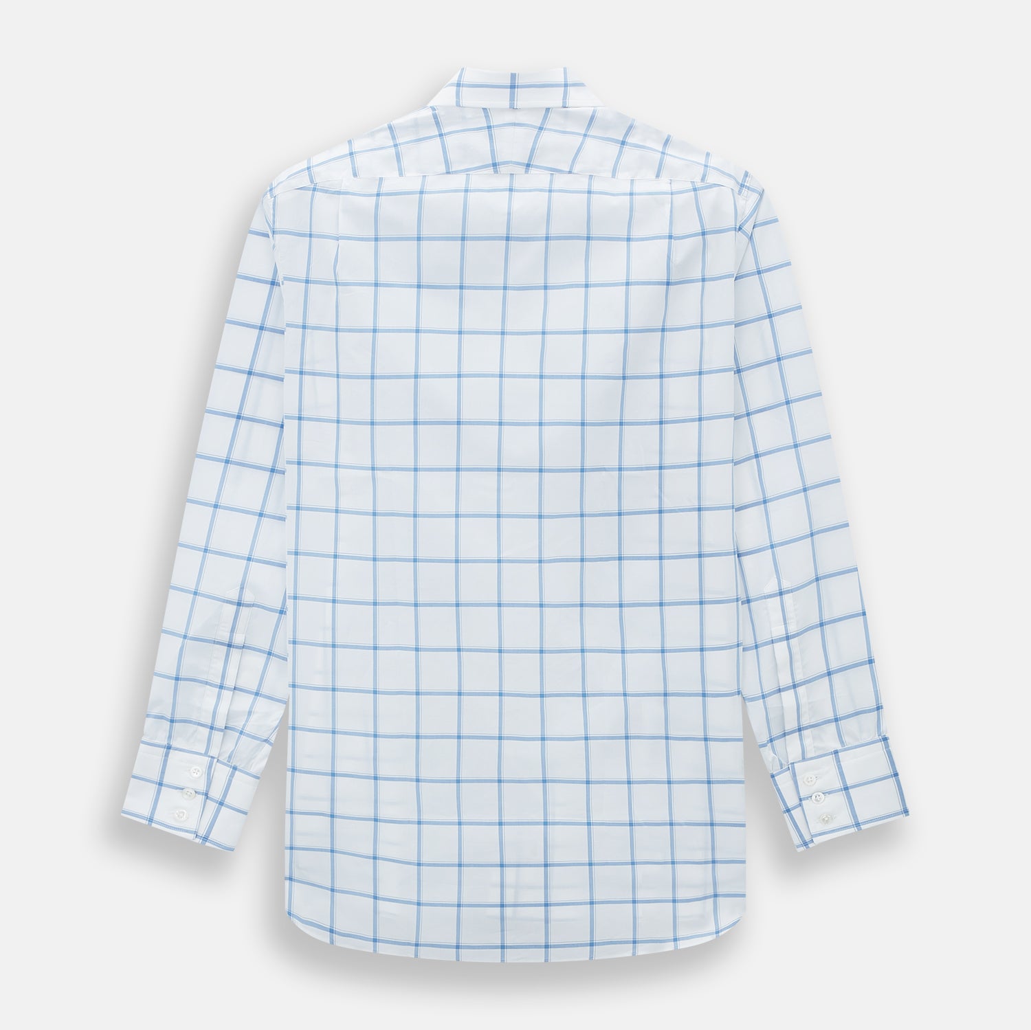 View 3 of product The Turnbull & Asser Colony Blue Grid Check Mayfair Shirt features long sleeves, a button-down front, Italian cotton fabric, a spread collar, and buttoned cuffs, shown against a plain white background.