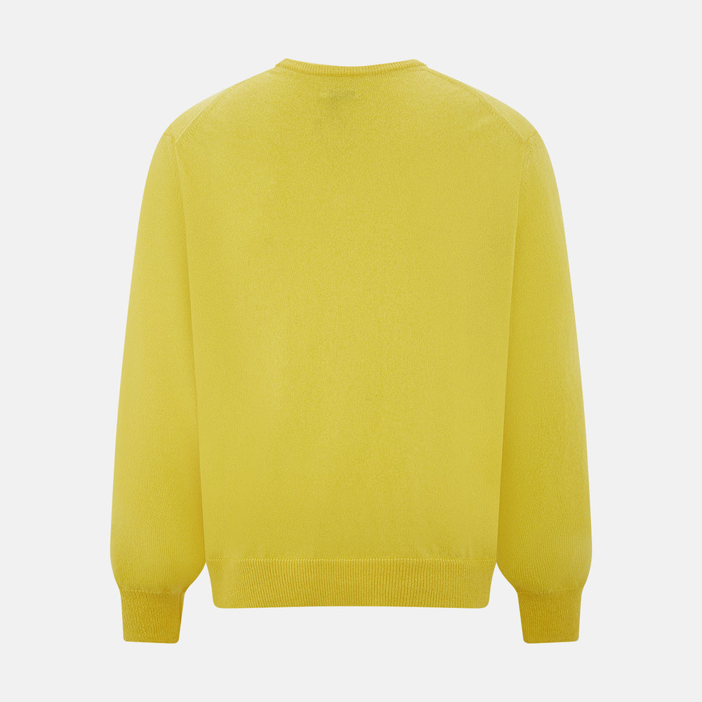 The Turnbull & Asser Canary Yellow Cashmere V-neck Jumper features long sleeves and ribbed cuffs and hem, shown against a white background.