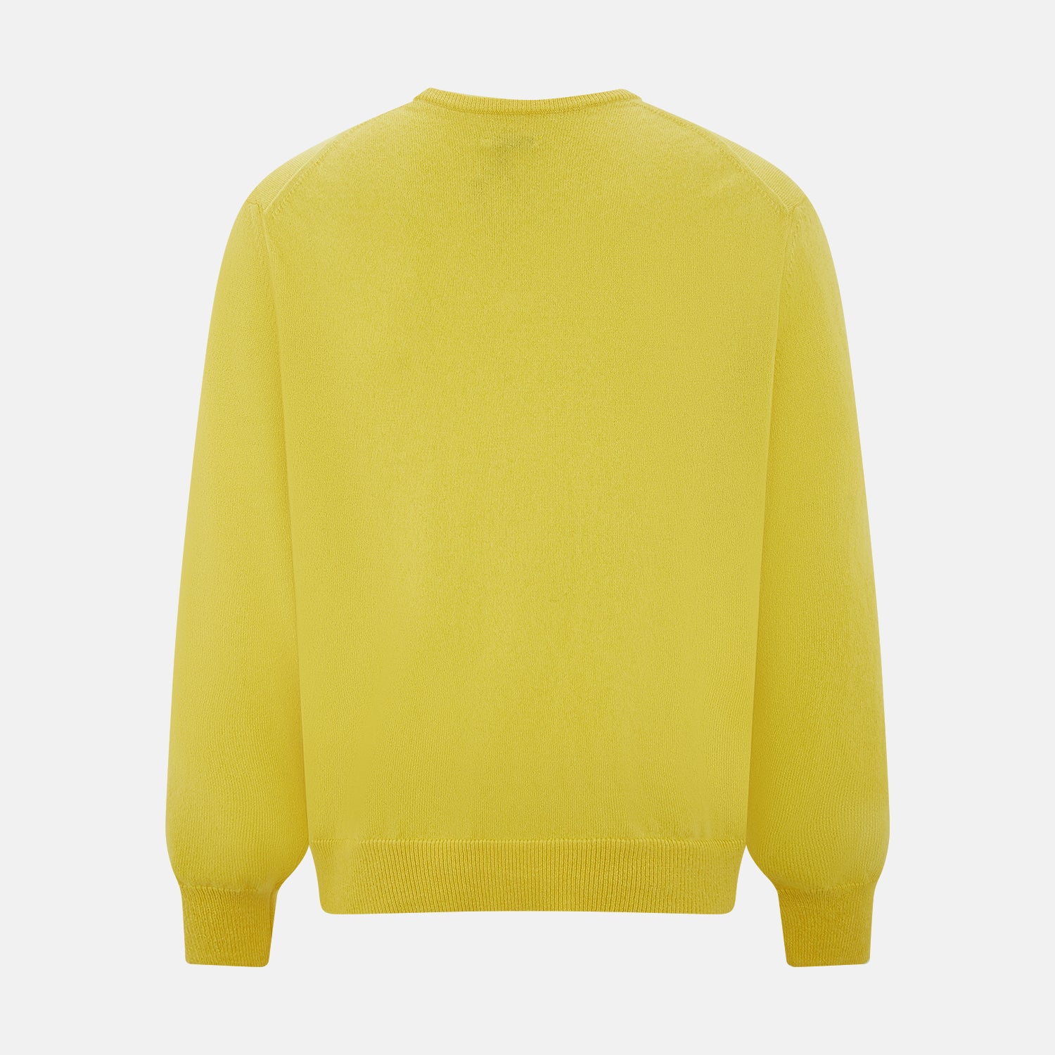 View 3 of product The Turnbull & Asser Canary Yellow Cashmere V-neck Jumper features long sleeves and ribbed cuffs and hem, shown against a white background.