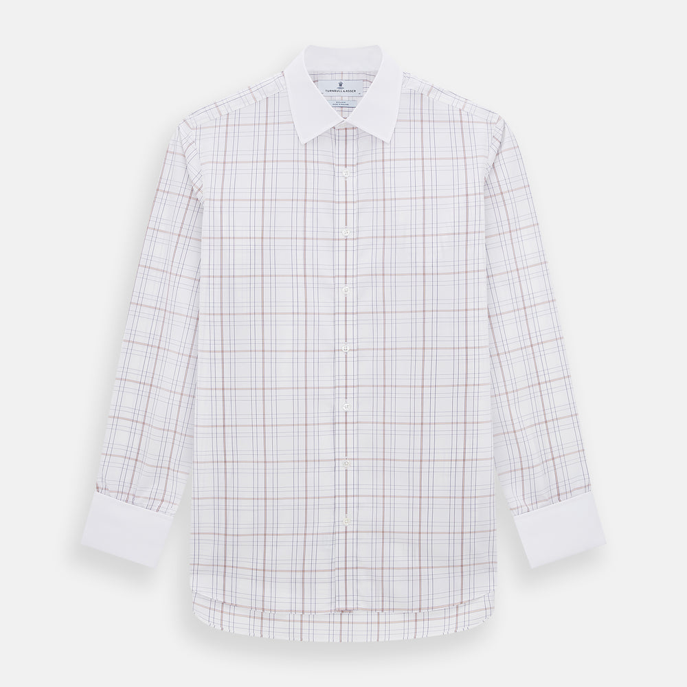 The Turnbull & Asser Purple Multi Plaid Check Shirt features a spread collar, double cuffs, and a fitted silhouette. Its bold plaid pattern and contrast collar add a modern touch to classic British style. Displayed on a plain white background.