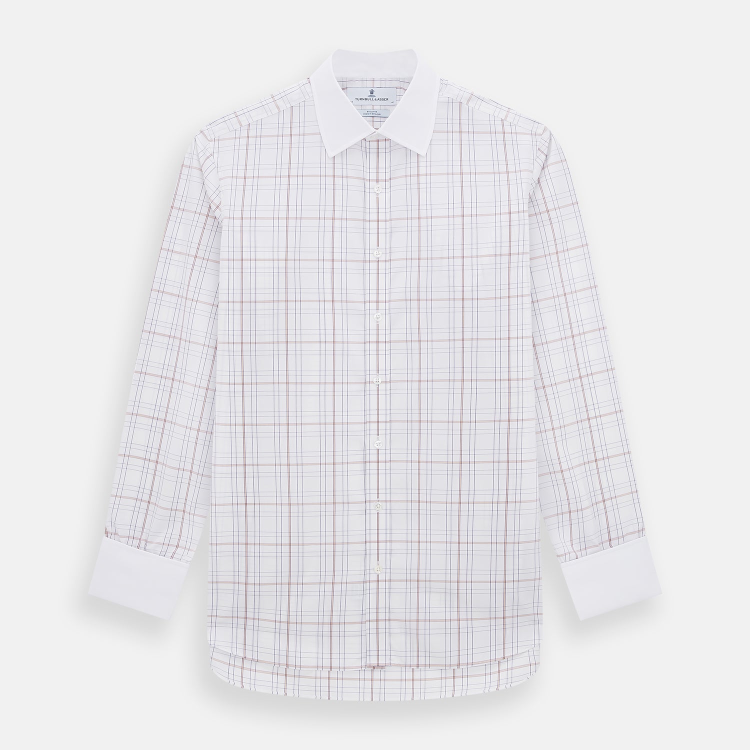View 7 of product The Turnbull & Asser Purple Multi Plaid Check Shirt features a spread collar, double cuffs, and a fitted silhouette. Its bold plaid pattern and contrast collar add a modern touch to classic British style. Displayed on a plain white background.