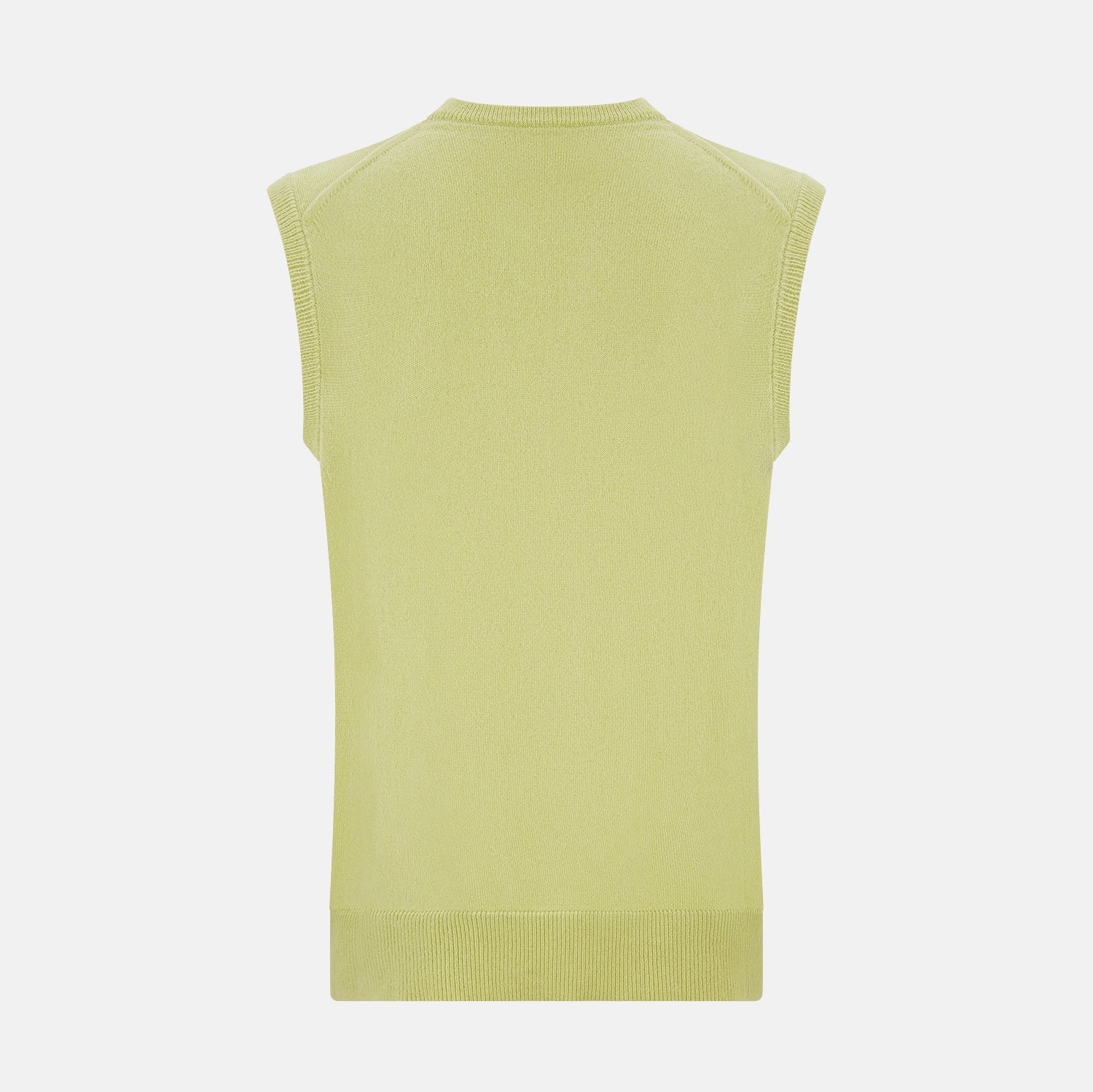 View 3 of product Turnbull & Asser’s Melon Green V-neck Cashmere Vest is shown on a plain white background. This sleeveless men’s jumper features ribbed neckline, armholes, and hem for subtle detail.