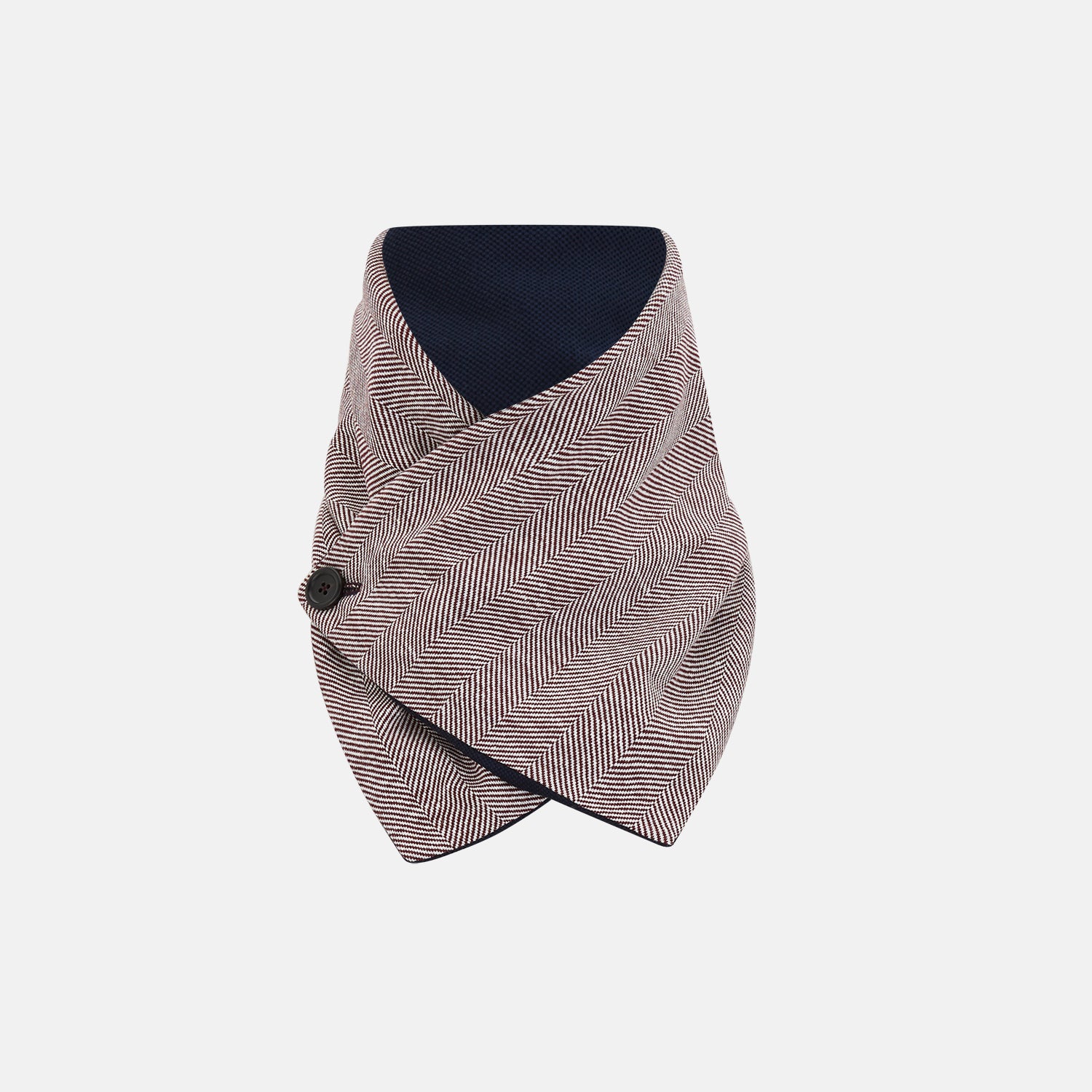 View 1 of product The Turnbull & Asser Burgundy Herringbone Silk and Linen Neck Warmer features a rich herringbone pattern, dark lining, and button closure, shown on a white background—a refined formal accessory.