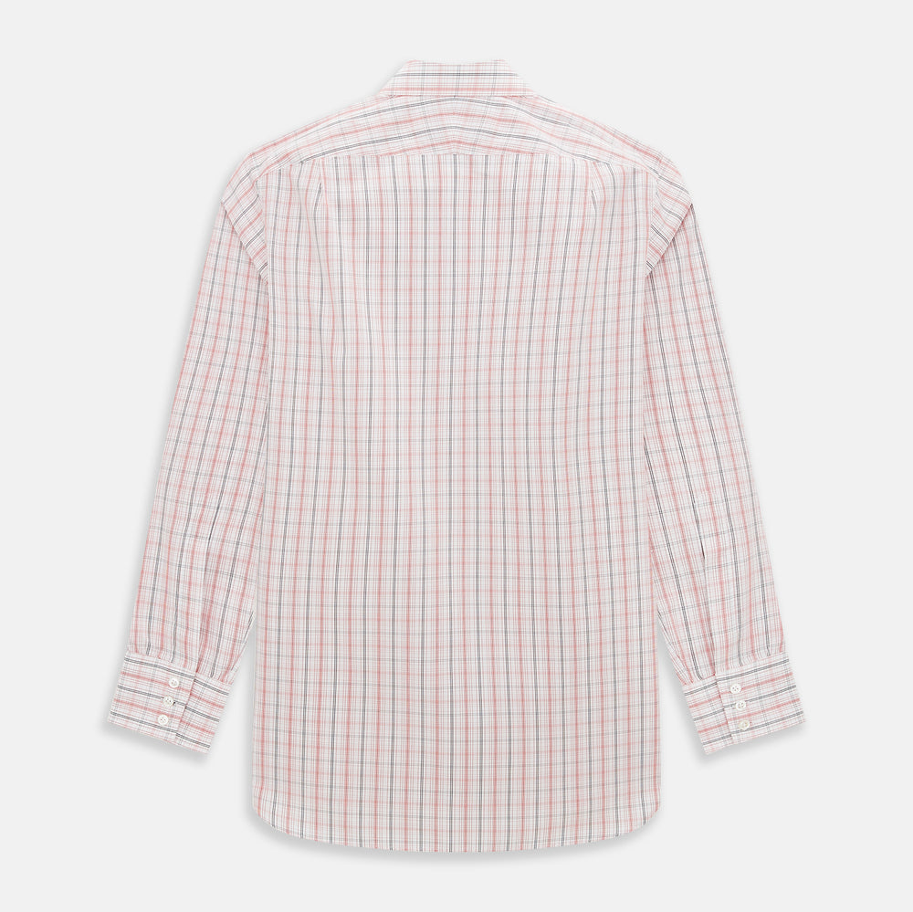 The Turnbull & Asser Red Multi Check Mayfair Shirt is a long-sleeve, button-up with a collar, crafted from Italian cotton and featuring a red multi check plaid pattern on white, shown laid flat against a white surface.