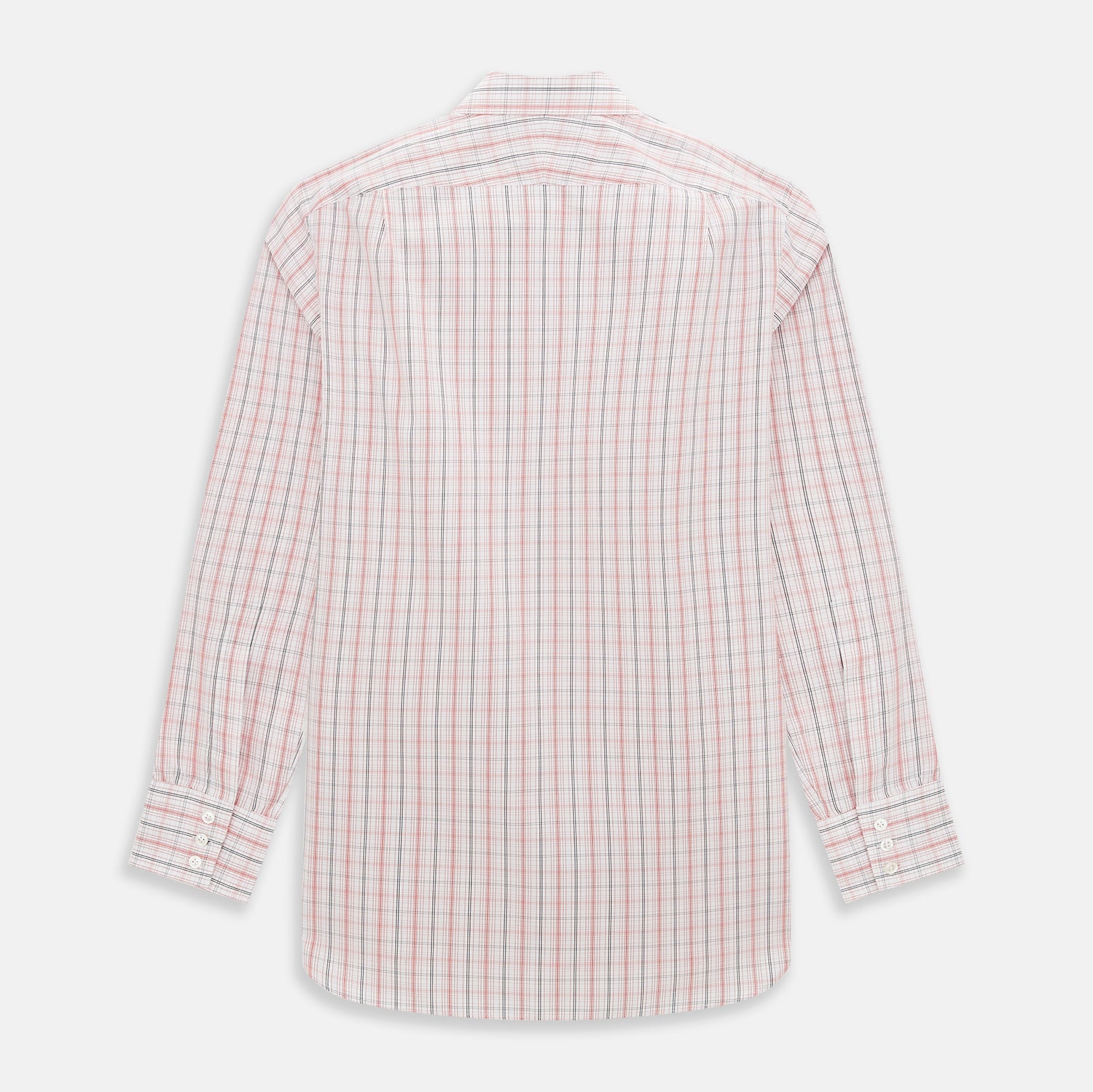 View 3 of product The Turnbull & Asser Red Multi Check Mayfair Shirt is a long-sleeve, button-up with a collar, crafted from Italian cotton and featuring a red multi check plaid pattern on white, shown laid flat against a white surface.
