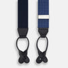 View 3 of product Turnbull & Asser Navy & White Small Spot Adjustable Silk and Navy Leather Braces feature silver-engraved clips and leather button loops—perfect for refined sartorial style.