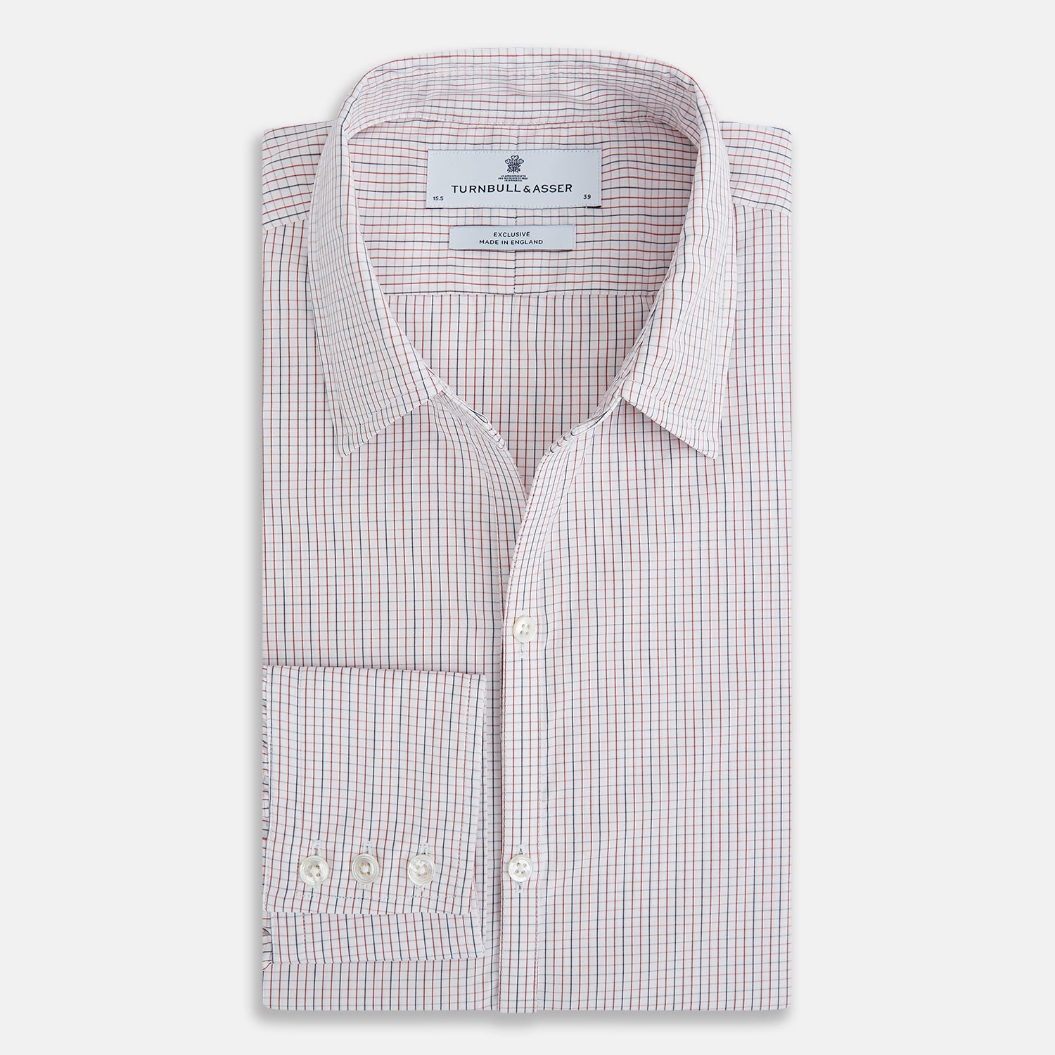 View 5 of product The Turnbull & Asser Red and Navy Check Windsor Shirt features a pointed collar and cuffed long sleeves, highlighting British craftsmanship. Displayed flat on a white background.