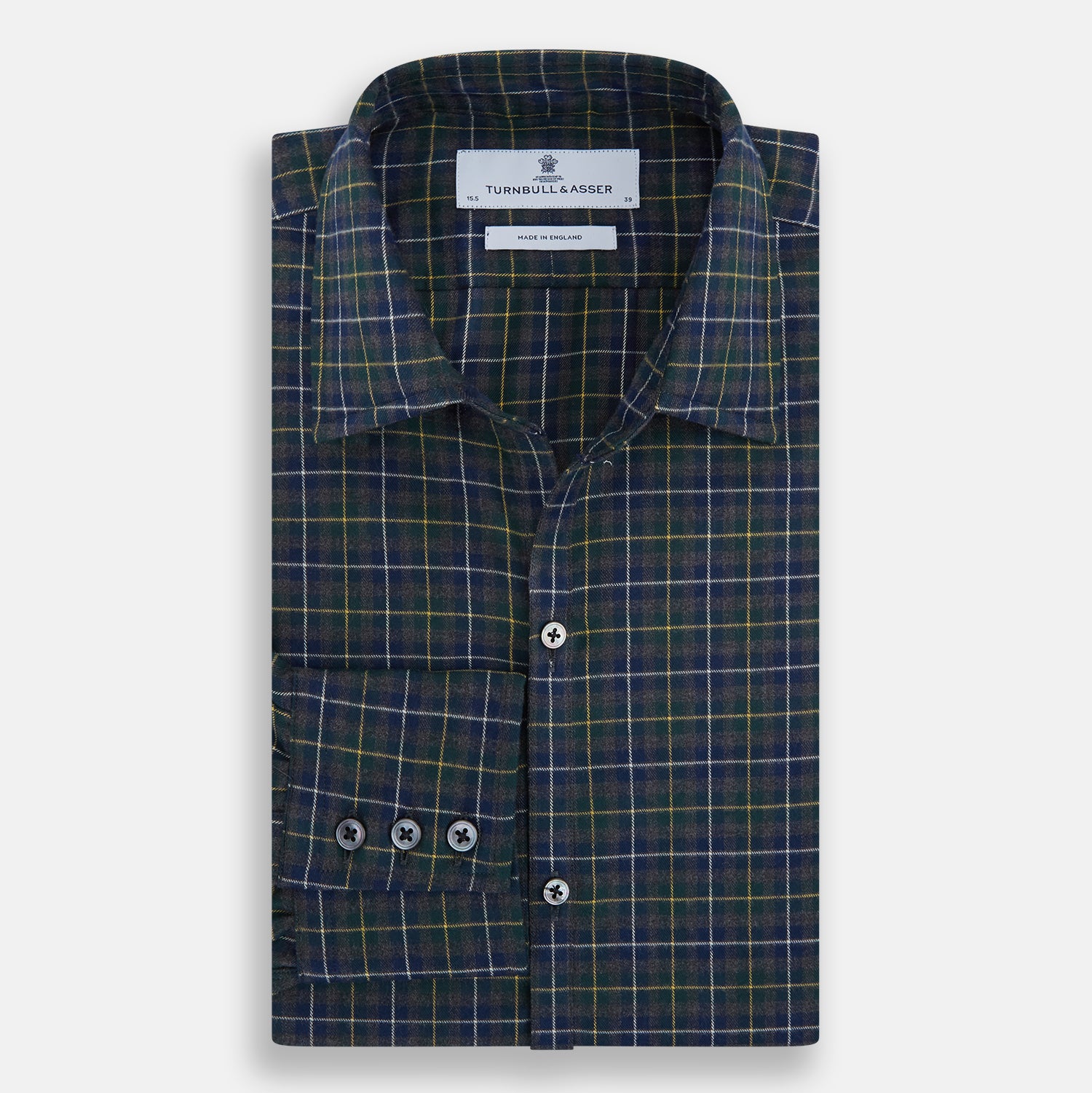 View 5 of product The Turnbull & Asser Navy and Khaki Tartan Windsor Shirt features a long-sleeve button-up design with a Windsor collar and buttoned cuffs, showcasing British craftsmanship in a classic tartan pattern.