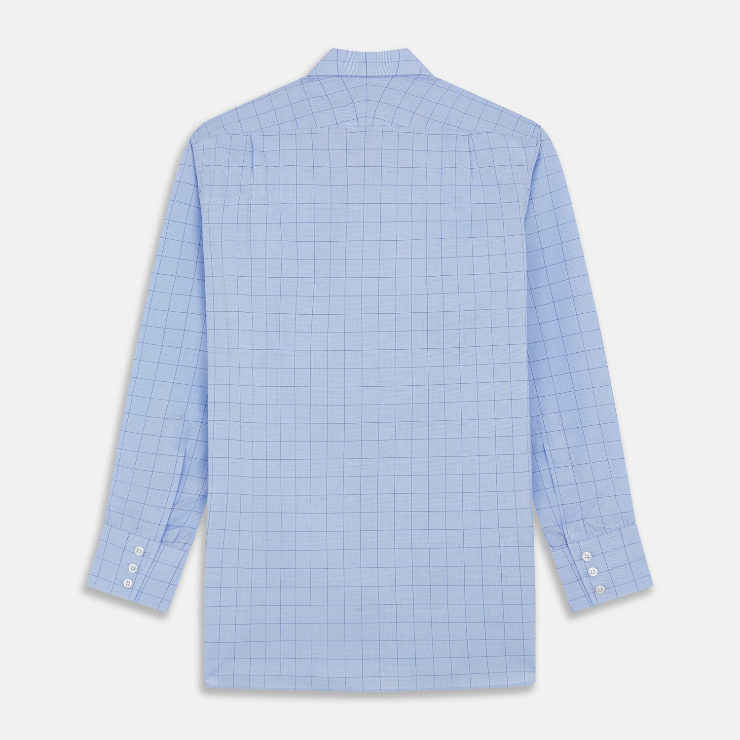 View 3 of product The Blue Prince of Wales Check Mayfair Shirt by Turnbull & Asser is a light blue formal long-sleeve shirt with a subtle check pattern, button-down front, and buttoned cuffs, shown laid flat on a white background.