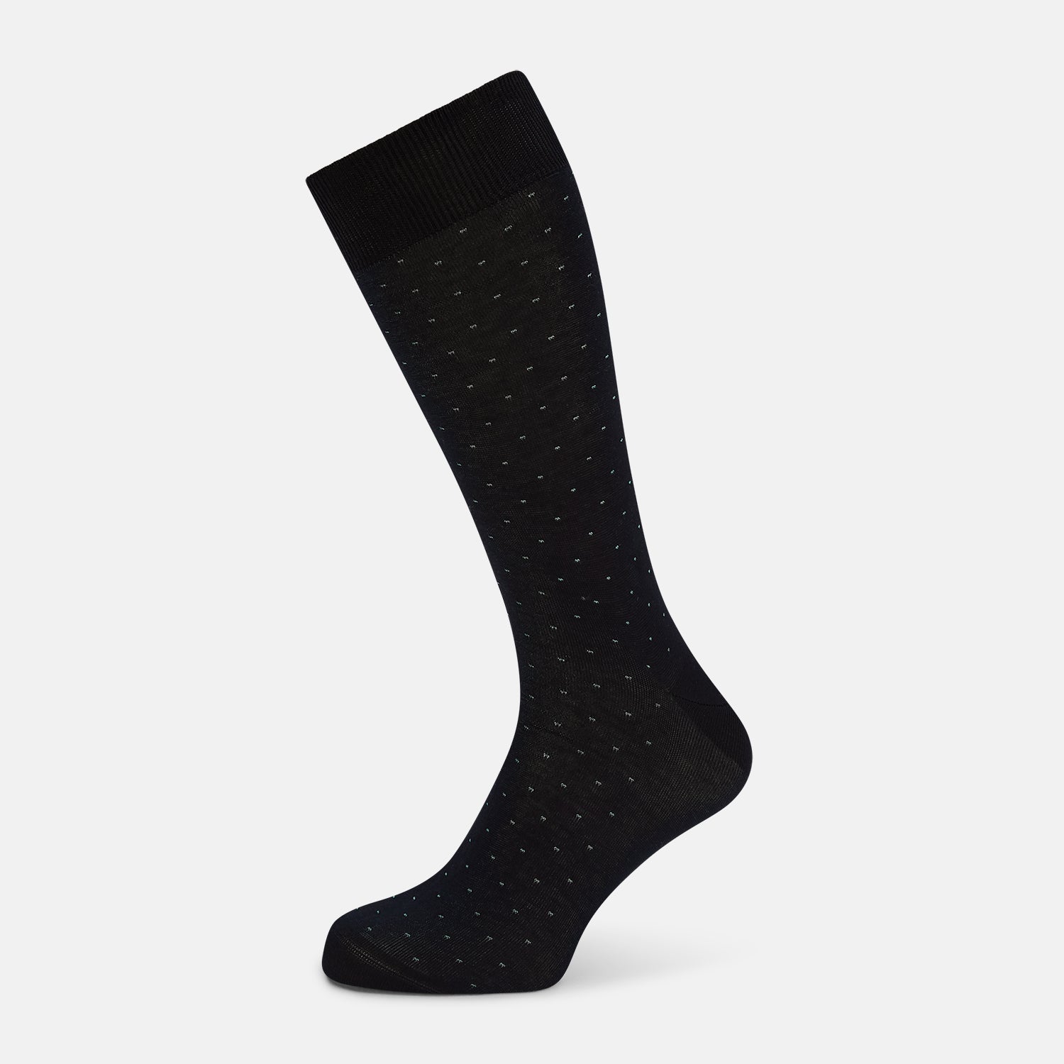 View 1 of product A single Navy/Pale Blue Polka Dot Mid-Length Sock by Turnbull & Asser, displayed upright on a white background.