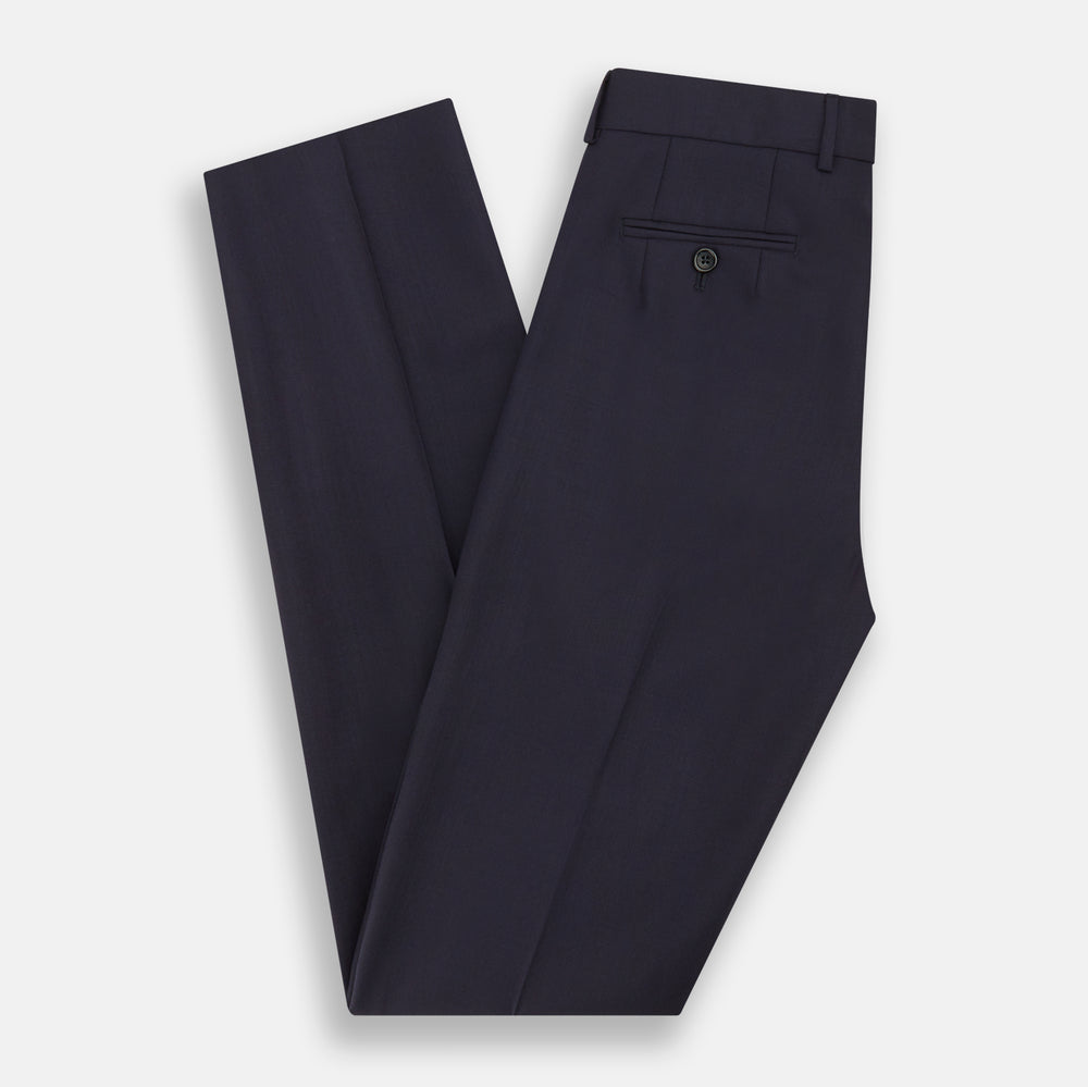 The Navy Rupert Trousers by Turnbull & Asser are tailored wool trousers with a button and zip closure, belt loops, and front creases, elegantly displayed against a plain white background.