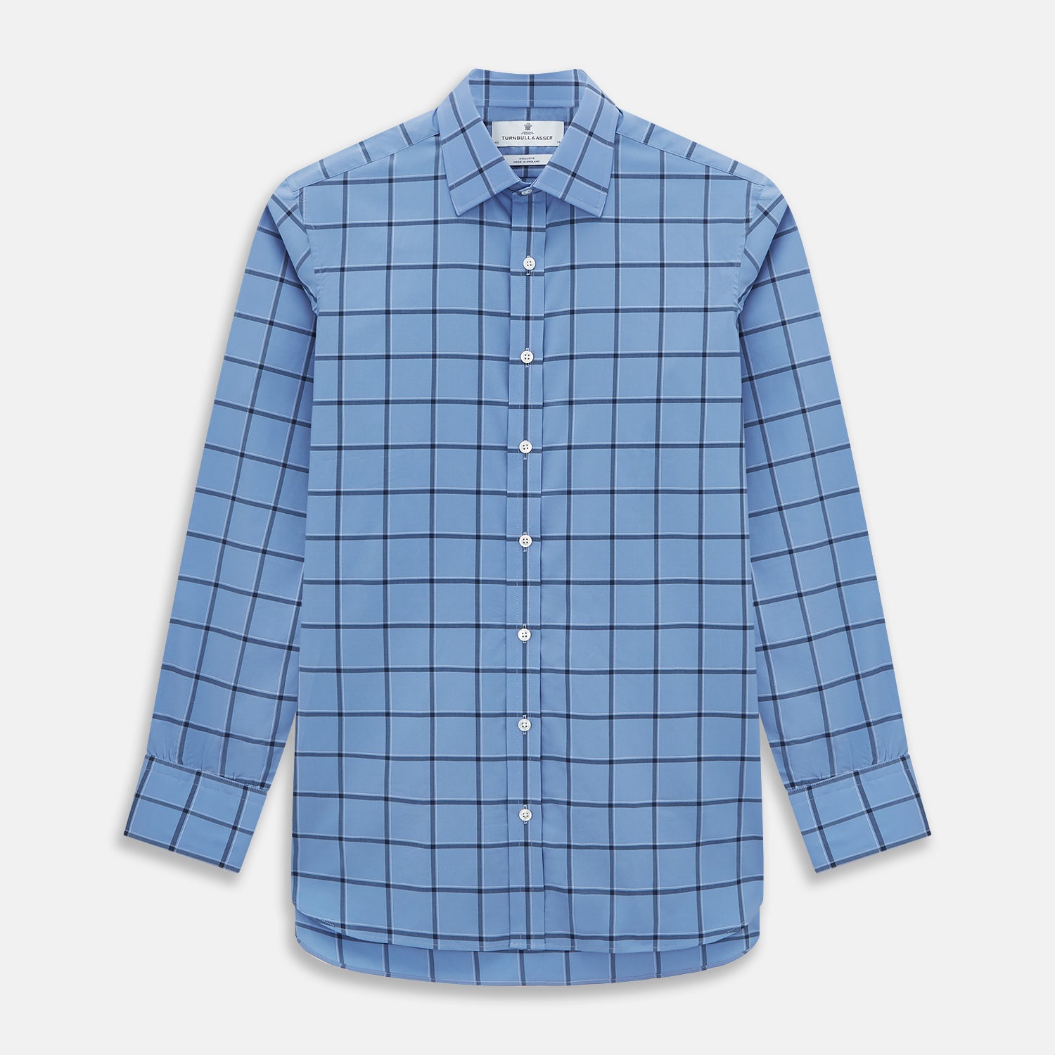 View 1 of product The Turnbull & Asser Colony Blue Grid Check Mayfair Shirt is a light blue, long-sleeve button-up with a collar and evenly spaced dark blue grid lines.