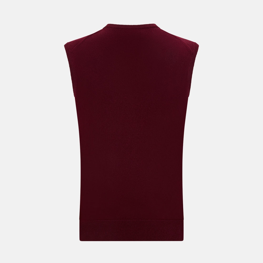 The Turnbull & Asser Burgundy Cashmere V-Neck Vest for men is a stylish, sleeveless knit sweater displayed on a plain white background.