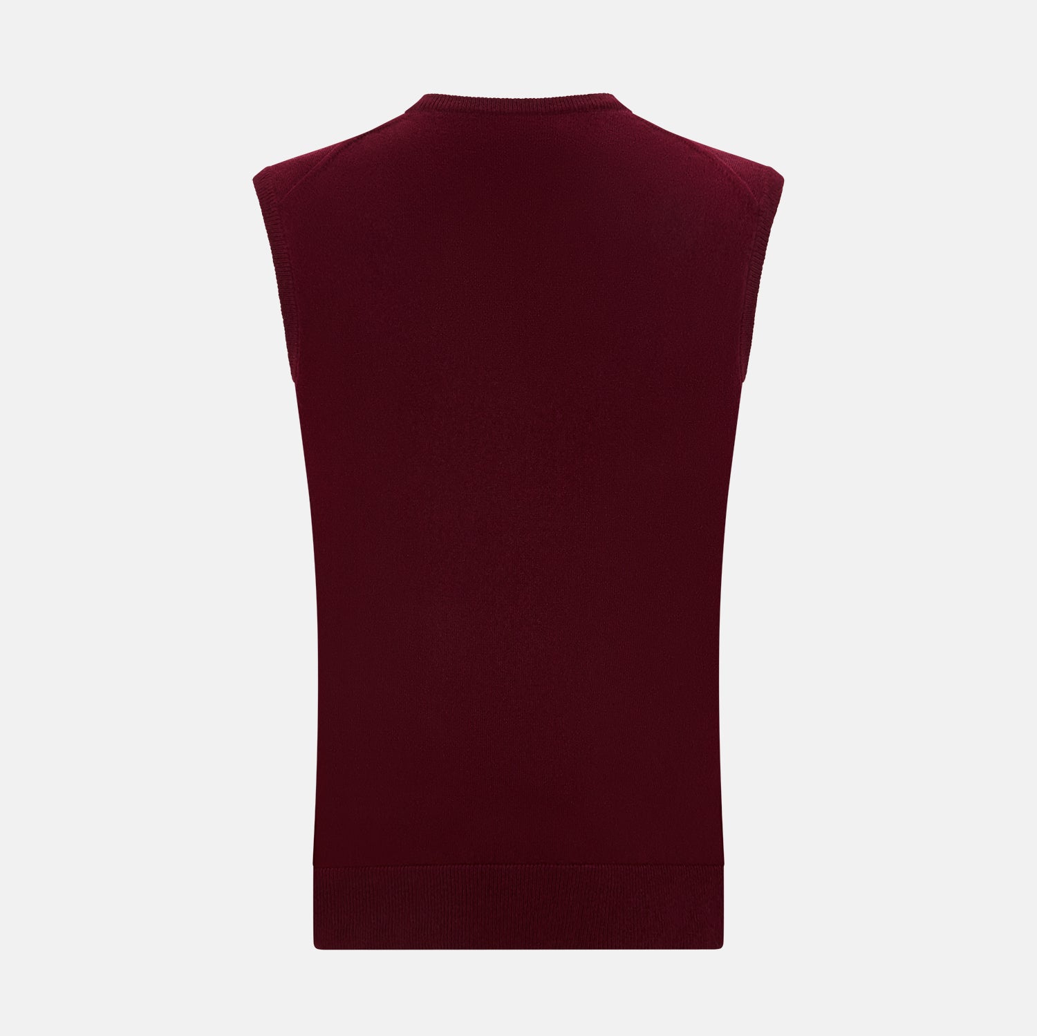 View 3 of product The Turnbull & Asser Burgundy Cashmere V-Neck Vest for men is a stylish, sleeveless knit sweater displayed on a plain white background.