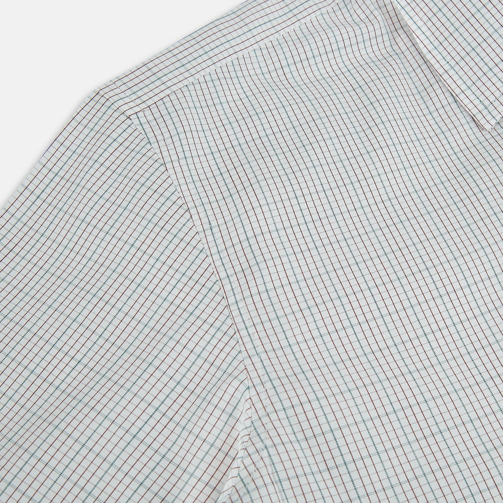 A long-sleeved, button-down BURGUNDY AND GREEN DOUBLE GRID CHECK WESTMINSTER SHIRT by Turnbull & Asser, featuring a classic collar and elegant check pattern—an outstanding piece of British craftsmanship.