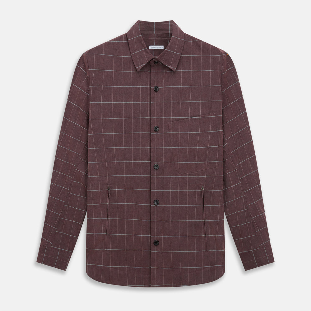 The Turnbull & Asser Burgundy Check Hampstead Overshirt, featuring a button-up front, collar, white windowpane pattern, and two front pockets, is laid flat on a white background—perfect for elegant formal wear.