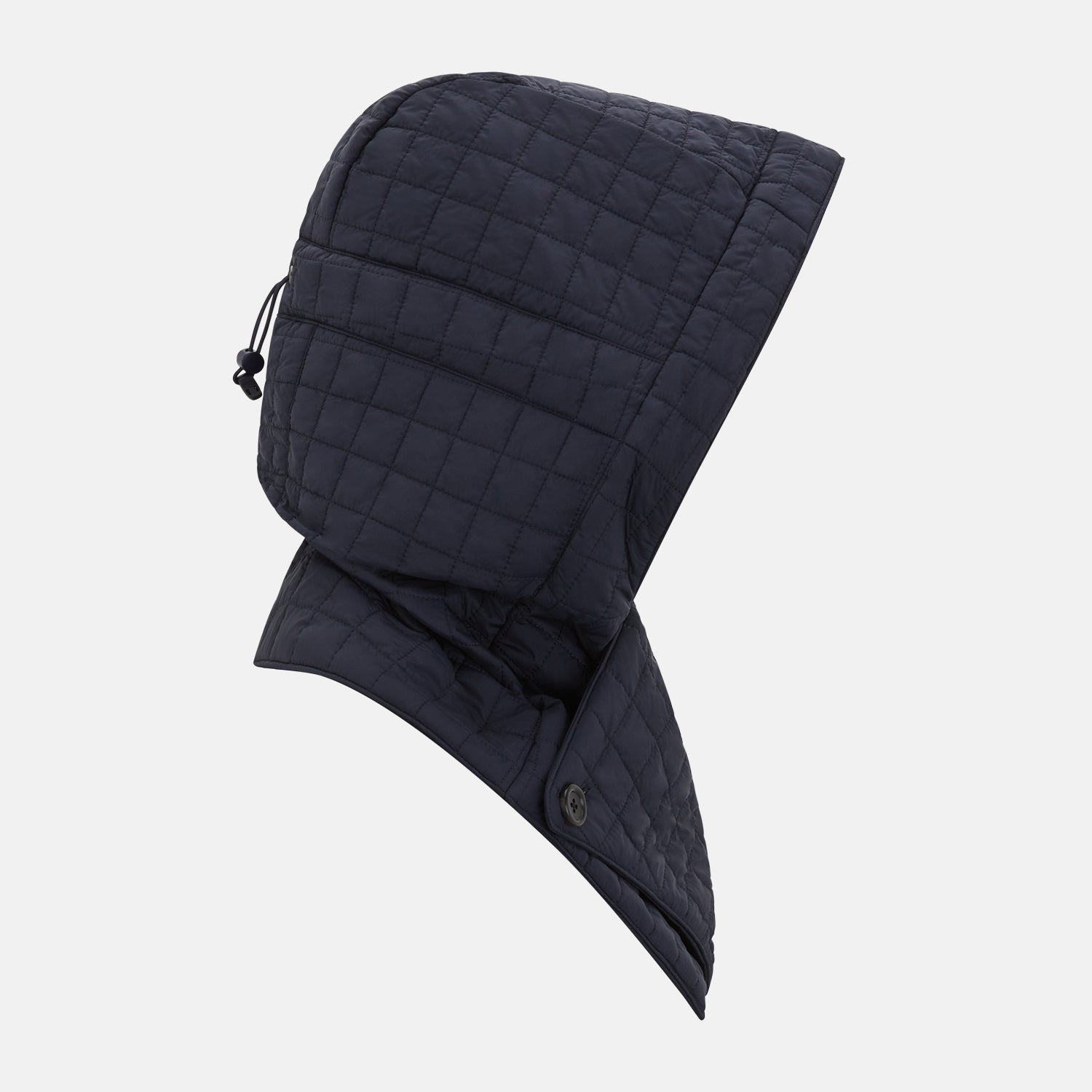 View 2 of product The Turnbull & Asser Navy Quilted Hood with Neck Warmer features diamond pattern stitching, a structured hood, overlapping collar, and button closure, shown on a plain white background.