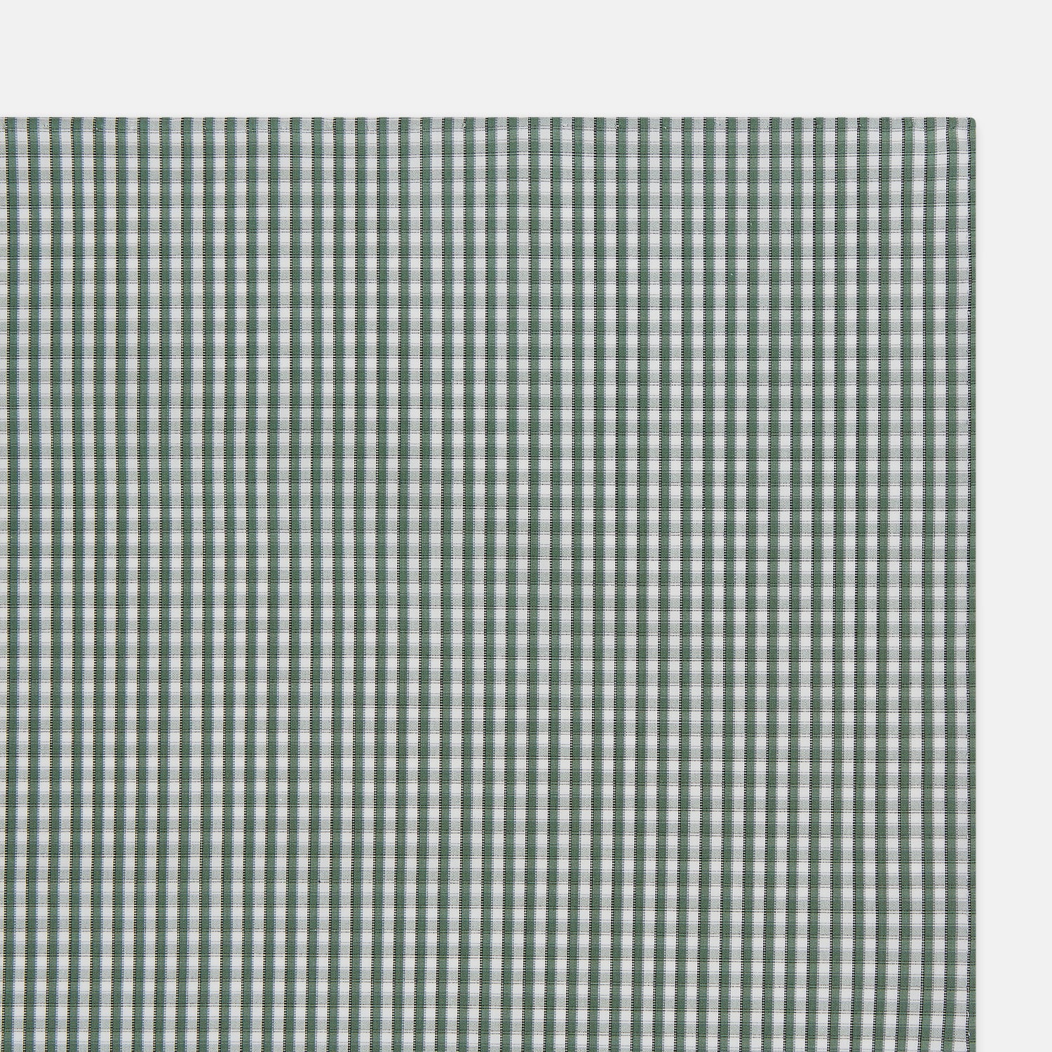 View 2 of product The Turnbull & Asser Melon Green Micro Shadow Check Hand-Rolled Handkerchief is displayed flat against a white background, showcasing its green and white check pattern and expertly hand-rolled edges.