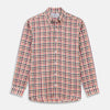 View 1 of product The Turnbull & Asser Red and Green Check Linen Blend Weekend Fit Hayne Shirt features a classic plaid pattern in red, white, black, and green, with a Dorset button-down collar and long sleeves. Displayed on a white background.