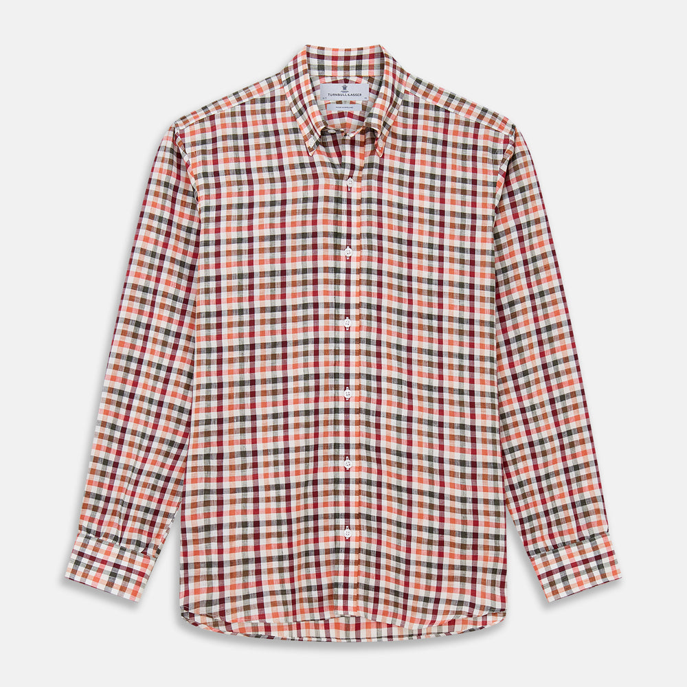 The Turnbull & Asser Red and Green Check Linen Blend Weekend Fit Hayne Shirt features a classic plaid pattern in red, white, black, and green, with a Dorset button-down collar and long sleeves. Displayed on a white background.