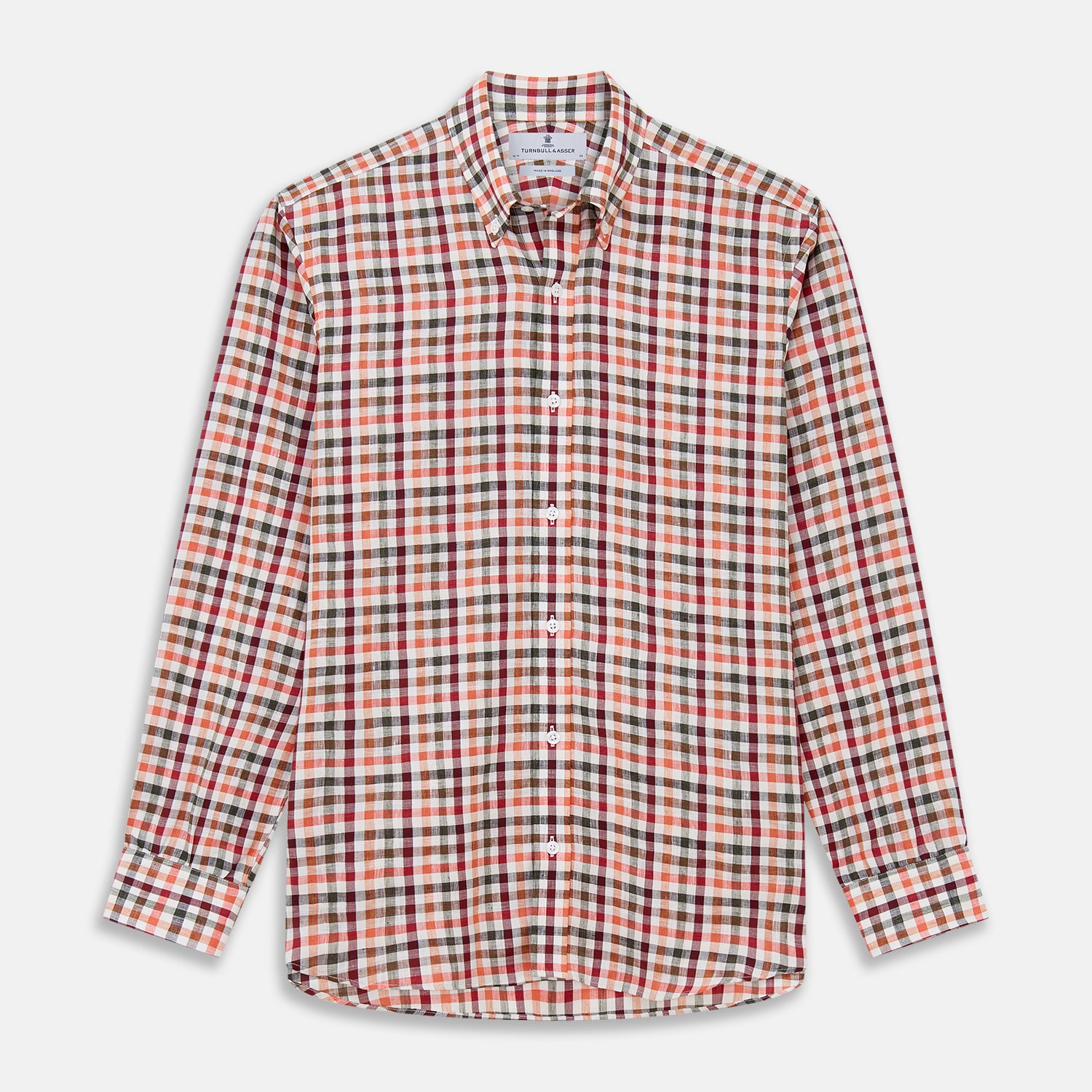 View 1 of product The Turnbull & Asser Red and Green Check Linen Blend Weekend Fit Hayne Shirt features a classic plaid pattern in red, white, black, and green, with a Dorset button-down collar and long sleeves. Displayed on a white background.