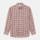 The Turnbull & Asser Red and Green Check Linen Blend Weekend Fit Hayne Shirt features a classic plaid pattern in red, white, black, and green, with a Dorset button-down collar and long sleeves. Displayed on a white background.