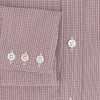 View 4 of product The Turnbull & Asser Burgundy Micro Shadow Check Mayfair Shirt features long sleeves, a classic collar, and white buttons. In light red and white shades, this button-up is perfect for formal wear and is shown laid flat against a white background.