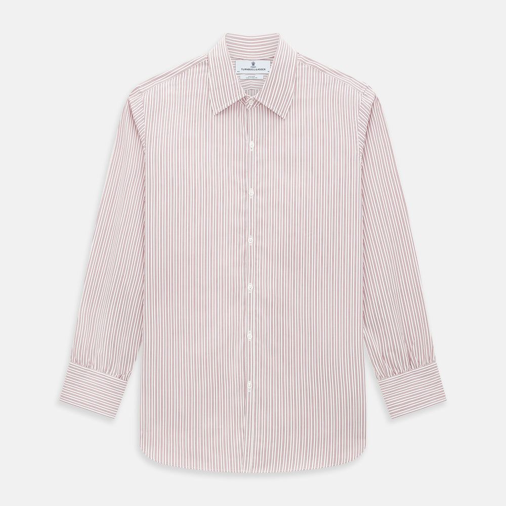 The Red Ticking Stripe Westminster Shirt by Turnbull & Asser features long sleeves, a button-up front, and vertical red and white stripes, shown flat on a white background.