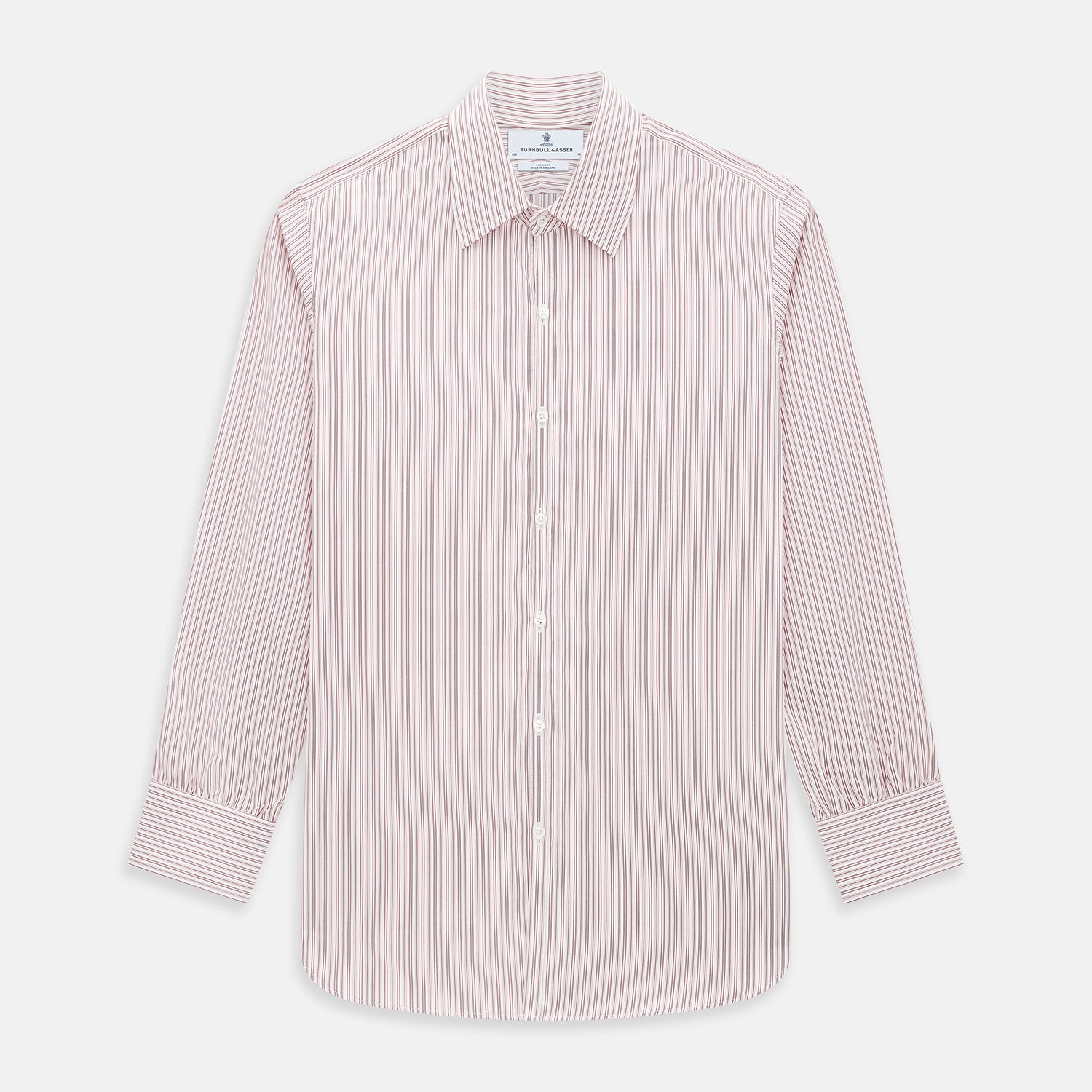 View 1 of product The Red Ticking Stripe Westminster Shirt by Turnbull & Asser features long sleeves, a button-up front, and vertical red and white stripes, shown flat on a white background.