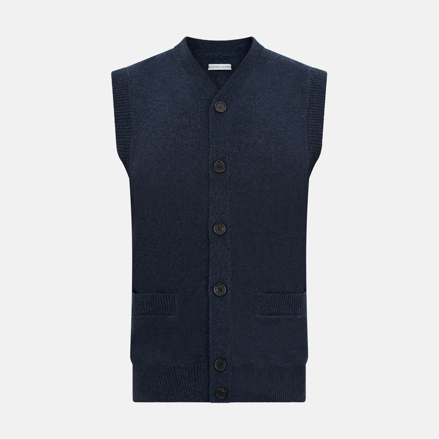 View 1 of product The Turnbull & Asser Navy Melange Cashmere Sleeveless Cardigan features a V-neck, button-down front, ribbed hem and armholes, and two front pockets—ideal for layering. Shown against a plain white background.