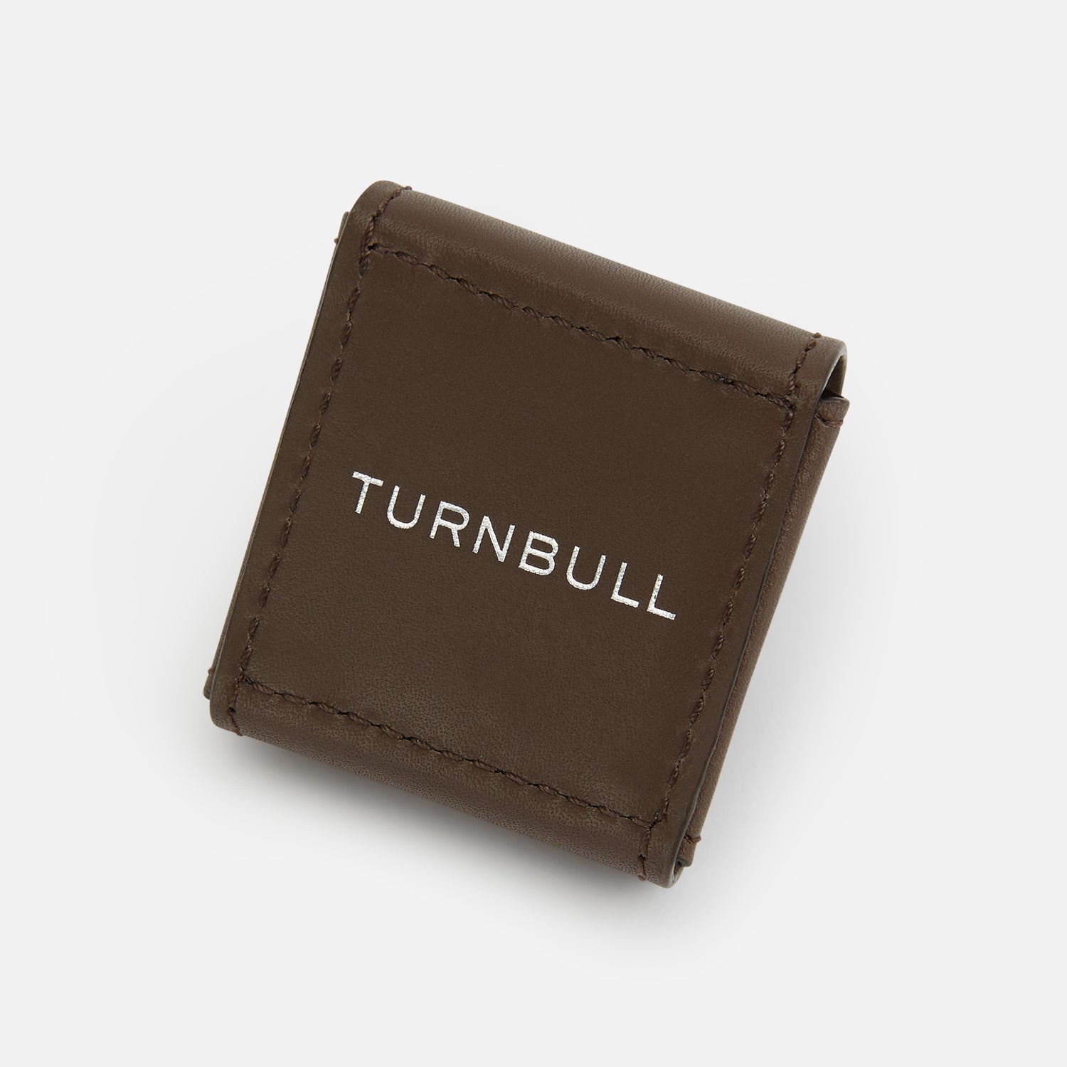 View 4 of product Turnbull & Asser’s Dark Chocolate Leather Cufflinks feature square Italian leather with stitched edges and braided links, perfect for men’s accessories, shown here on a white background.