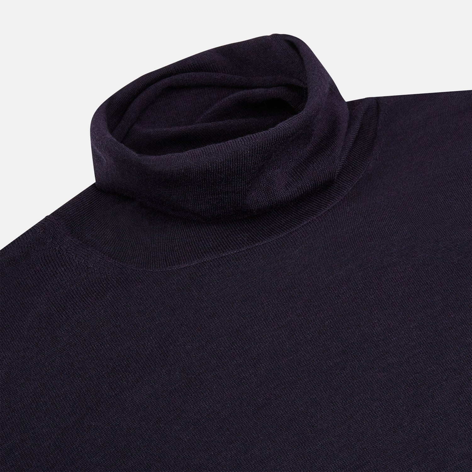View 2 of product The Turnbull & Asser Dark Purple Fine Merino High Neck Jumper is shown against a white background. This classic sweater features a fitted collar and a simple, timeless design with no visible patterns or logos.