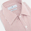 View 2 of product The Red Shadow Stripe Westminster Shirt by Turnbull & Asser features long sleeves, a Turnbull collar, thin red and white vertical stripes, white buttons, and showcases British craftsmanship against a plain white background.
