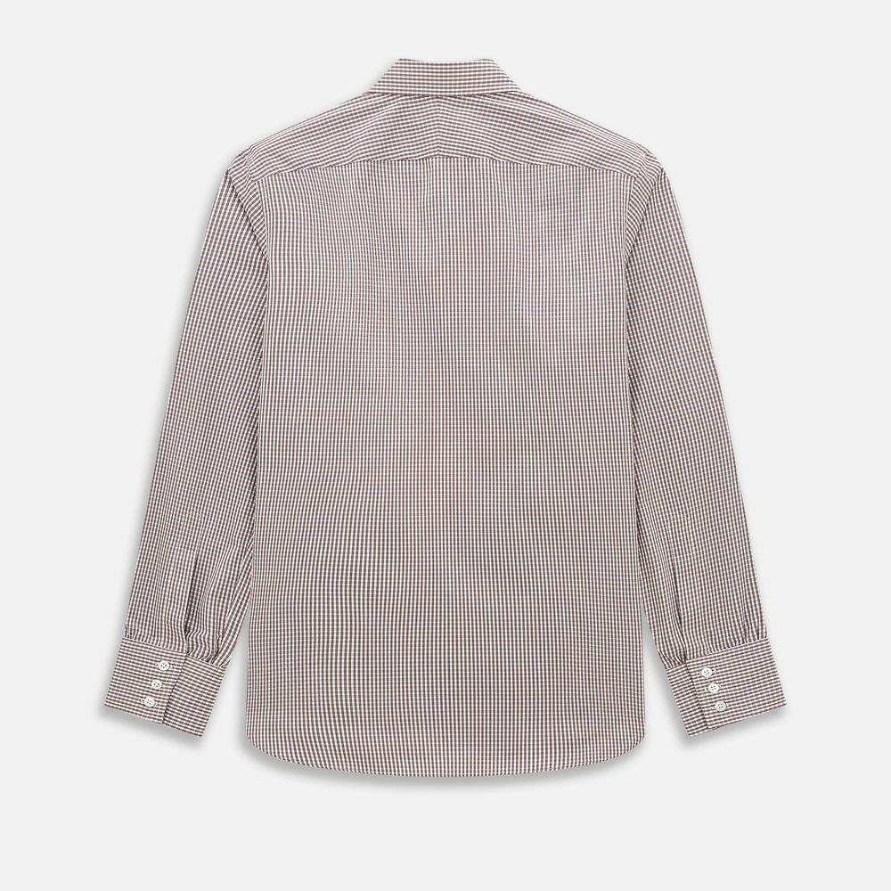 The Turnbull & Asser Burgundy Micro Check Westminster Shirt is a long-sleeved button-up with a classic collar and tailored fit, featuring a subtle micro check pattern, shown against a white background.