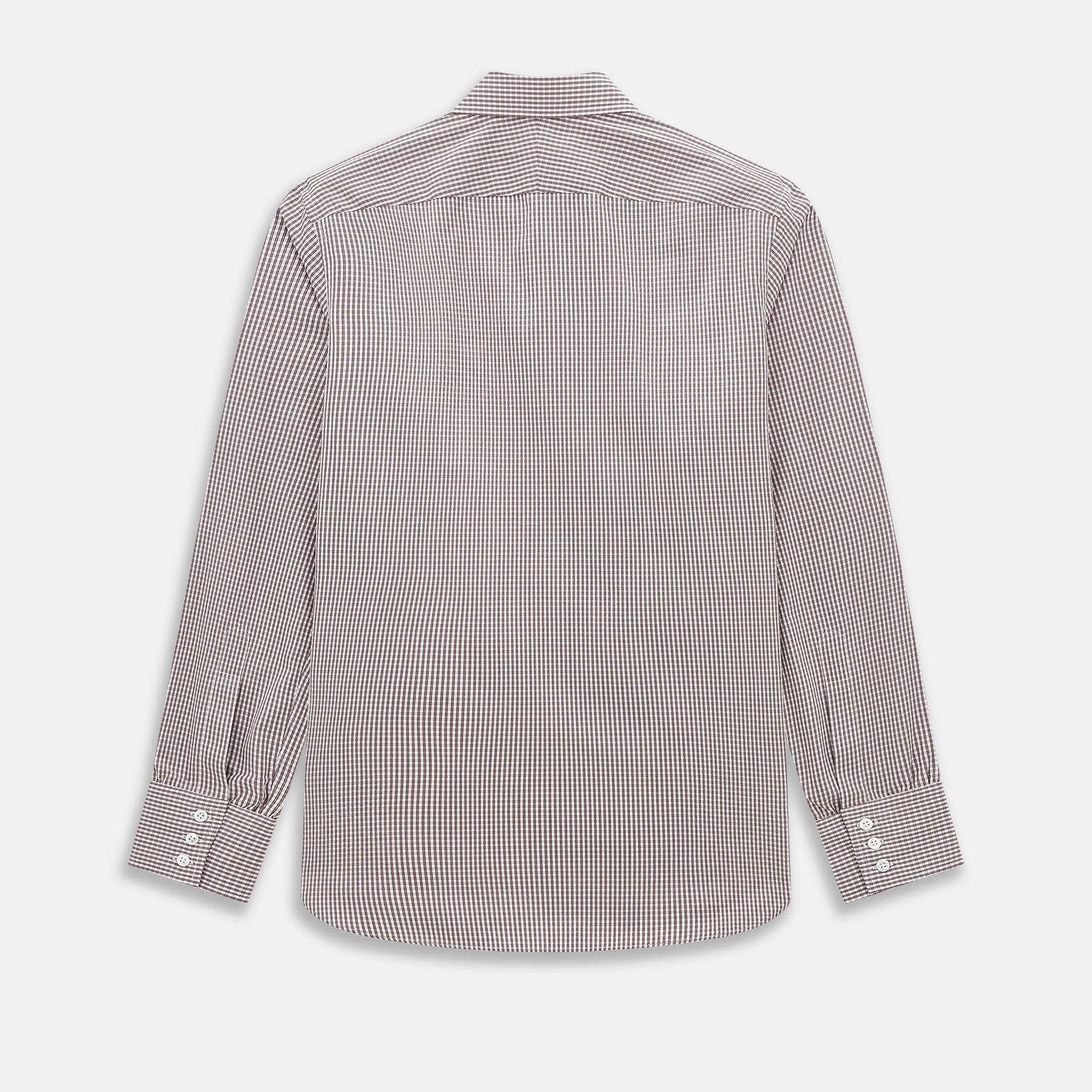 View 3 of product The Turnbull & Asser Burgundy Micro Check Westminster Shirt is a long-sleeved button-up with a classic collar and tailored fit, featuring a subtle micro check pattern, shown against a white background.