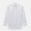 View 1 of product The Turnbull & Asser Wine Track Stripe Mayfair Shirt is a white long-sleeve shirt with vertical wine stripes and a pointed collar, crafted from premium Italian cotton and shown flat against a plain background.
