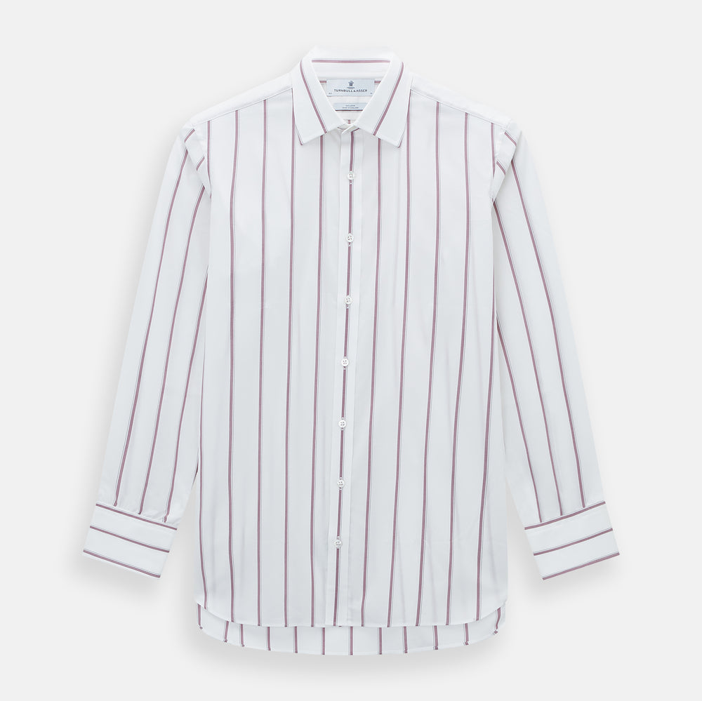 The Turnbull & Asser Wine Track Stripe Mayfair Shirt is a white long-sleeve shirt with vertical wine stripes and a pointed collar, crafted from premium Italian cotton and shown flat against a plain background.