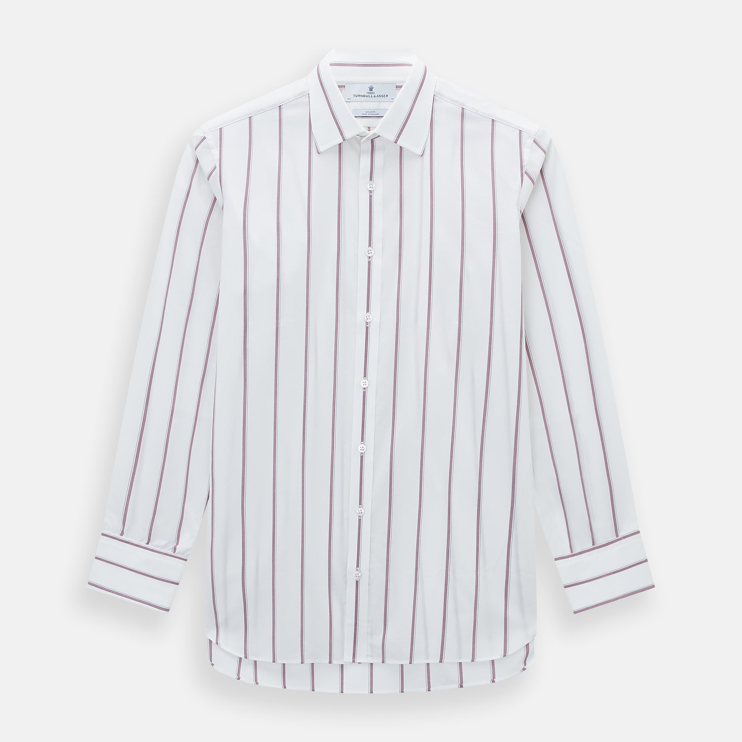 View 1 of product The Turnbull & Asser Wine Track Stripe Mayfair Shirt is a white long-sleeve shirt with vertical wine stripes and a pointed collar, crafted from premium Italian cotton and shown flat against a plain background.