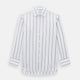 The Turnbull & Asser Wine Track Stripe Mayfair Shirt is a white long-sleeve shirt with vertical wine stripes and a pointed collar, crafted from premium Italian cotton and shown flat against a plain background.