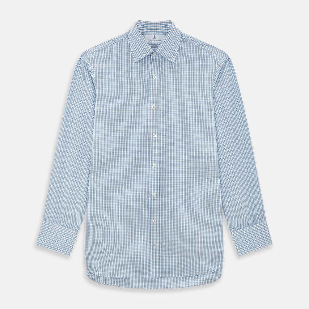 The Sky Blue Micro Graph Check Mayfair Shirt by Turnbull & Asser features a classic T&A collar, button-down front, and buttoned cuffs, shown laid flat on a white background.