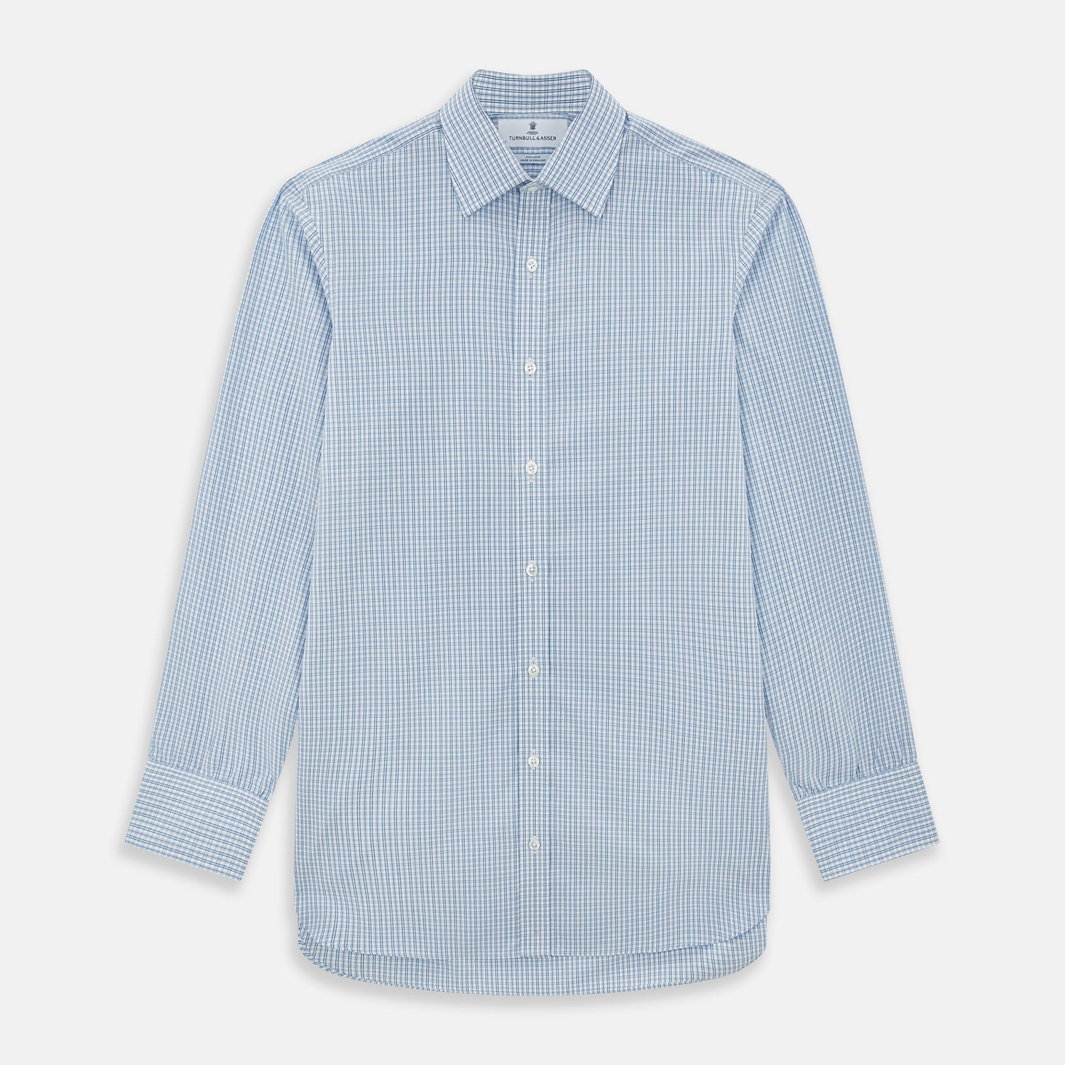 View 1 of product The Sky Blue Micro Graph Check Mayfair Shirt by Turnbull & Asser features a classic T&A collar, button-down front, and buttoned cuffs, shown laid flat on a white background.