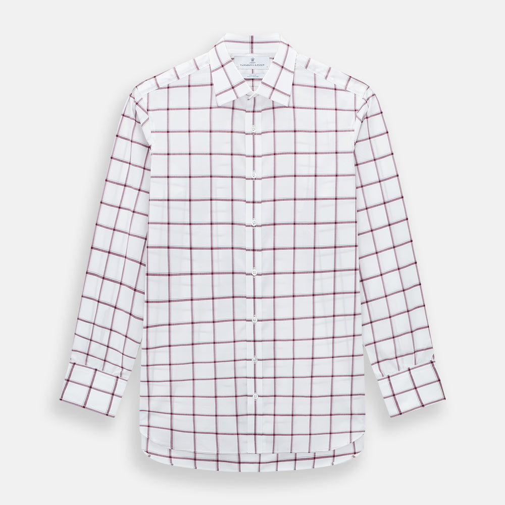 A long-sleeve, button-up Burgundy Grid Check Mayfair Shirt by Turnbull & Asser, made from Italian cotton with a spread collar and red grid check pattern, displayed flat on a plain white background.